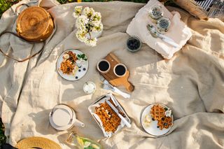 A breakfast picnic with waffles, a teapot, spring blossom, and more, on a beige picnic blanket.