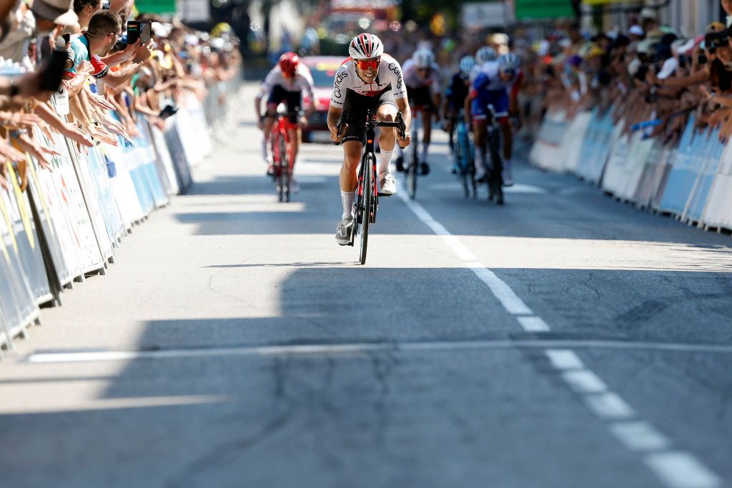 LAGNIEU FRANCE AUGUST 10 Guillaume Martin of France and Team Cofidis sprints at finish line to win the 34th Tour de lAin 2022 Stage 2 a 144km stage from SaintVulbas to Lagnieu TDA22 on August 10 2022 in Lagnieu France Photo by Bas CzerwinskiGetty Images