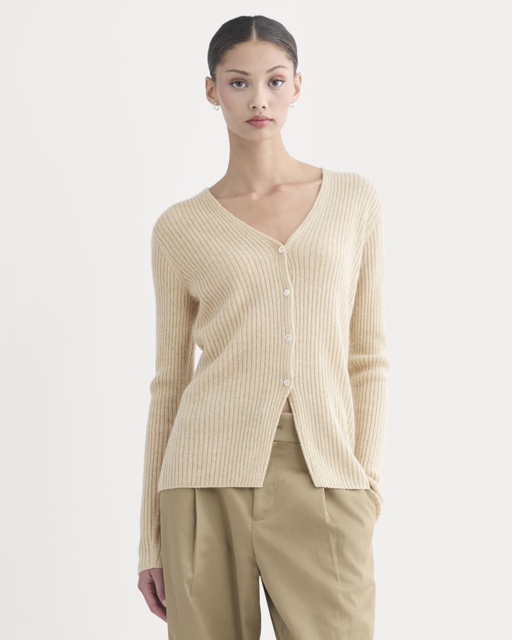 Cashmere Ribbed V-Neck Cardigan | Heather Light Camel - Xxs