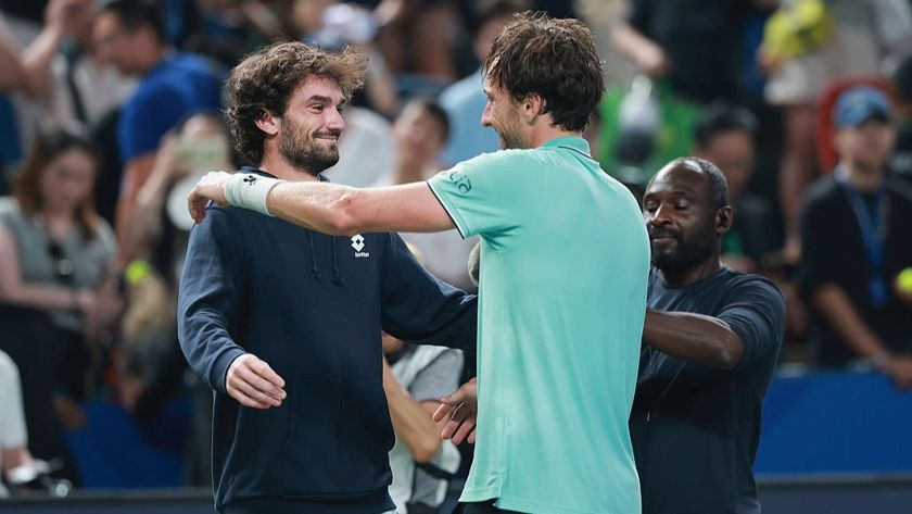 Arthur Rinderknech of France celebrates with cousin Valentin Vacherot, of Monte Carlo, as the family members reached the final of the 2025 Shanghai Masters