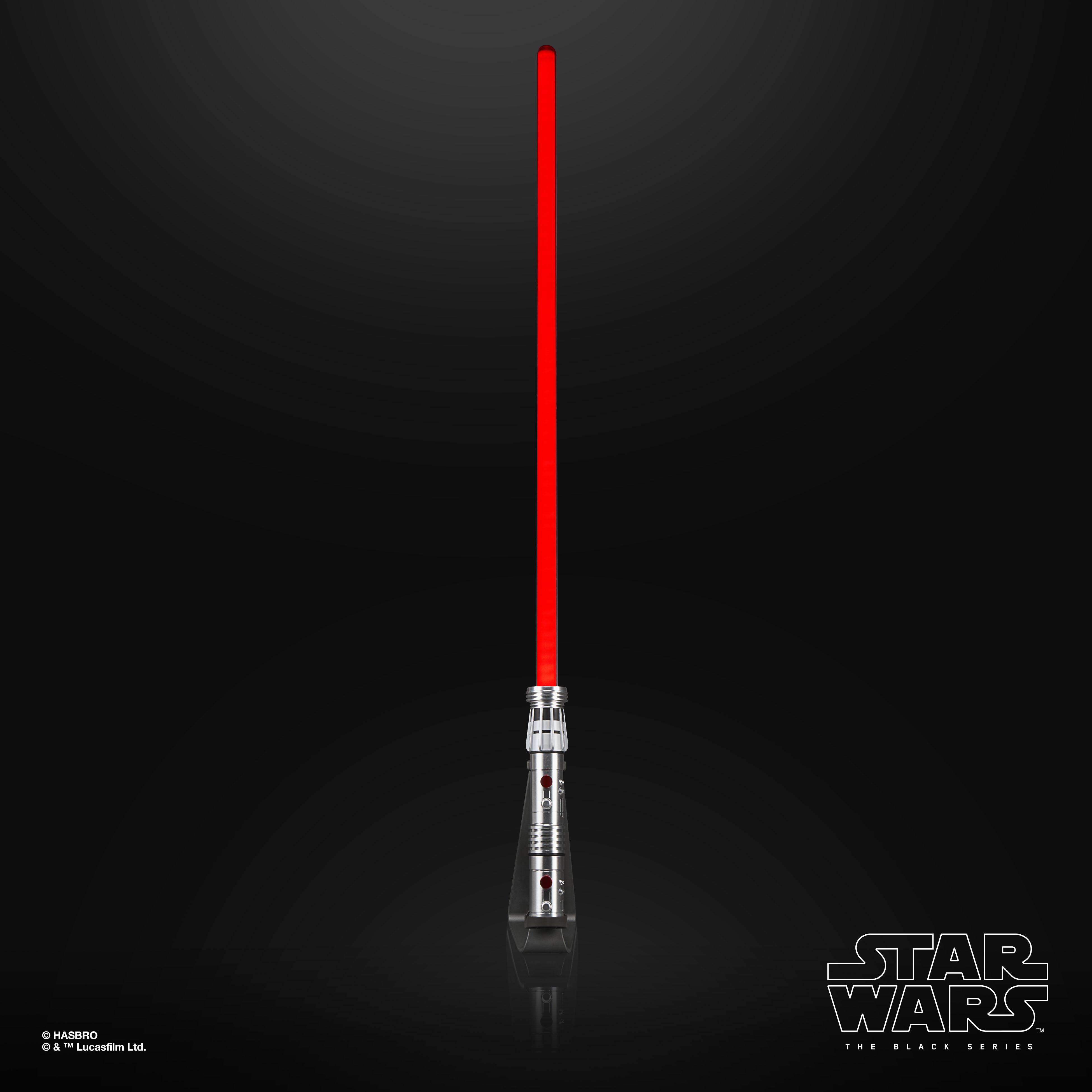 Star Wars The Black Series Force FX Elite Maul Lightsaber hilt and blade on a stand against a black background