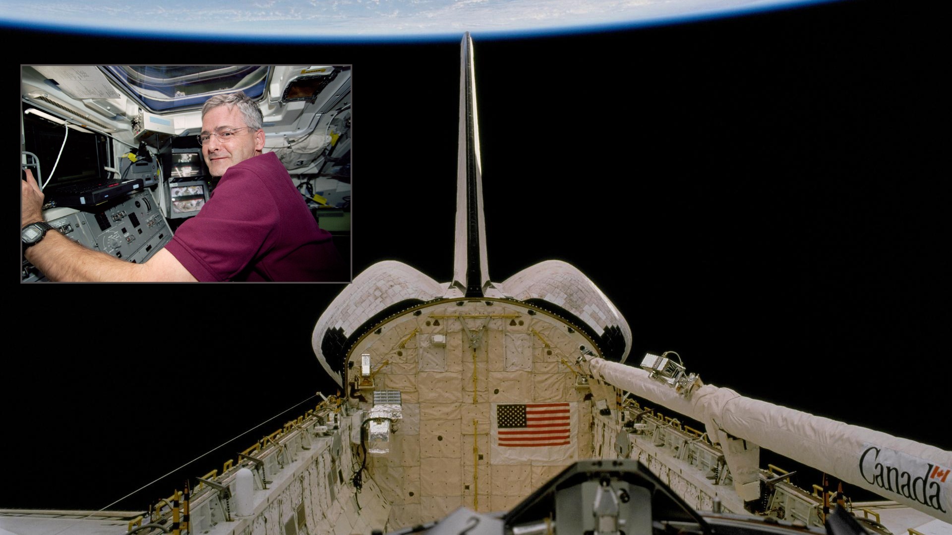 image of the space shuttle and canadarm above earth with an inset image of an astronaut at the controls of the shuttle