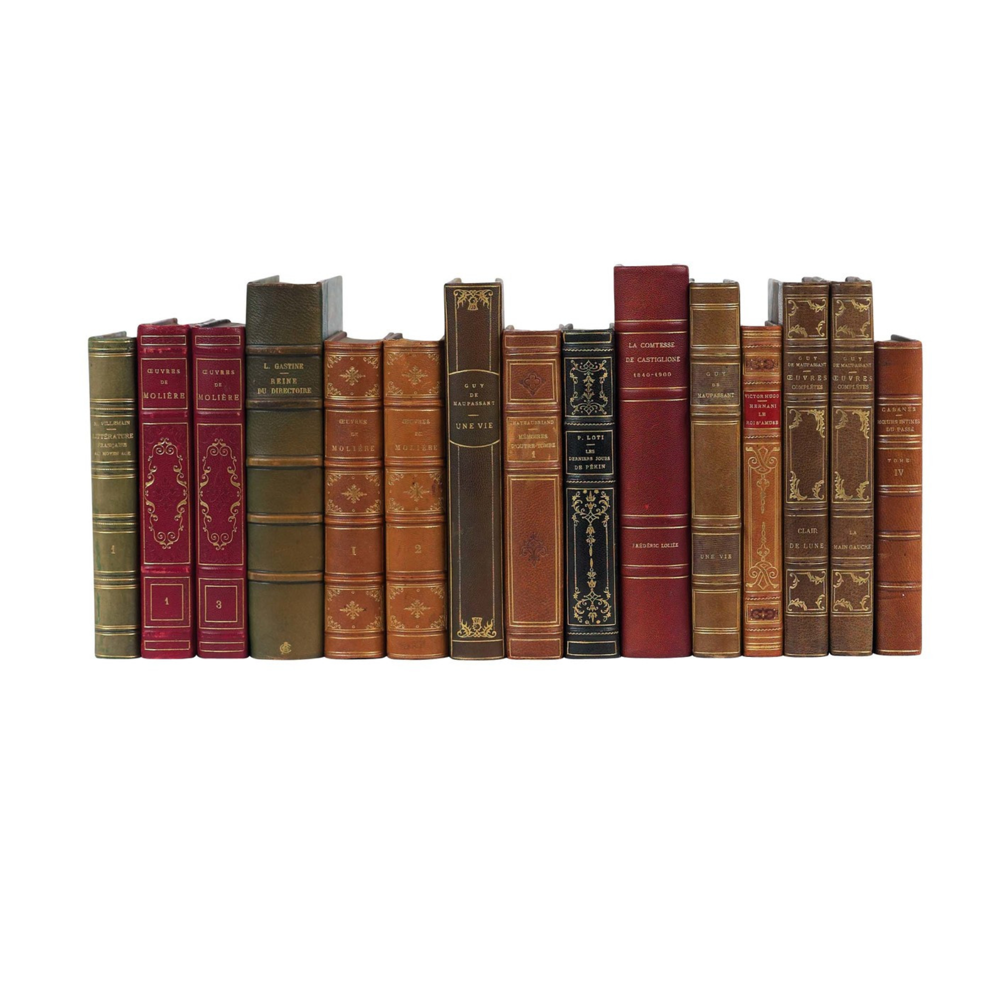 a collection of leather bound books