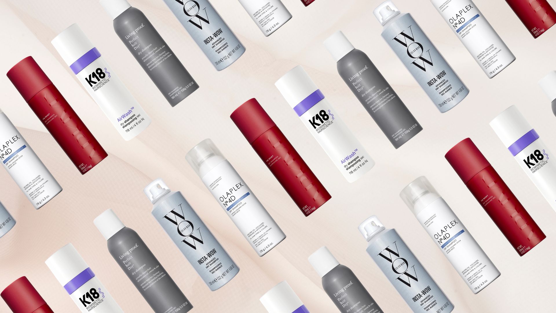 Arkive, Living Proof, K18, Olaplex and Color Wow dry shampoos in a repeating pattern