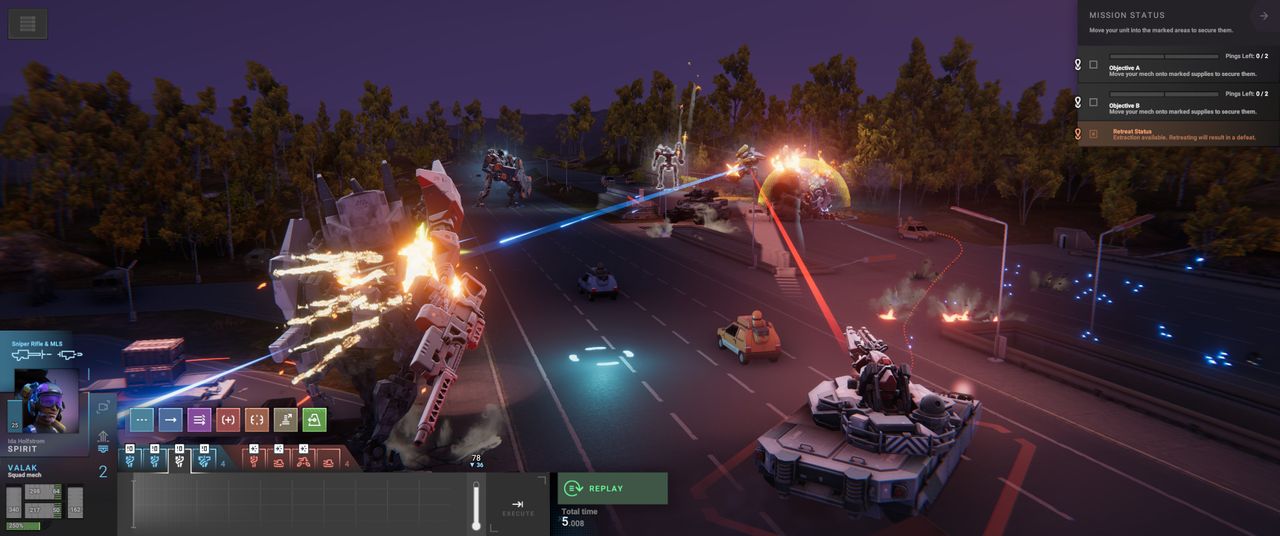 Mechs in Phantom Brigade shooting at one another.