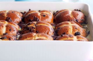 Chocolate hot cross bread and butter pudding