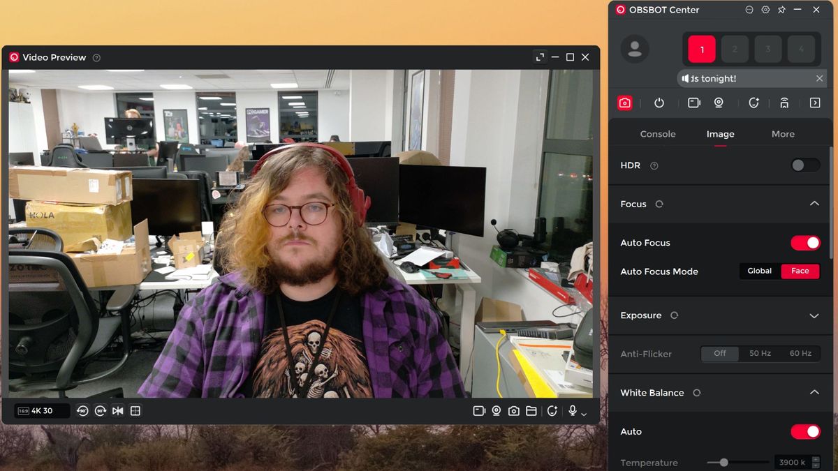 A screenshot of the Obsbot software interface (with James Bentley's face in it)
