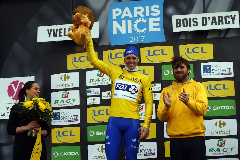 Arnaud Demare (FDJ) in yellow on the stage 1 podium at Paris-Nice
