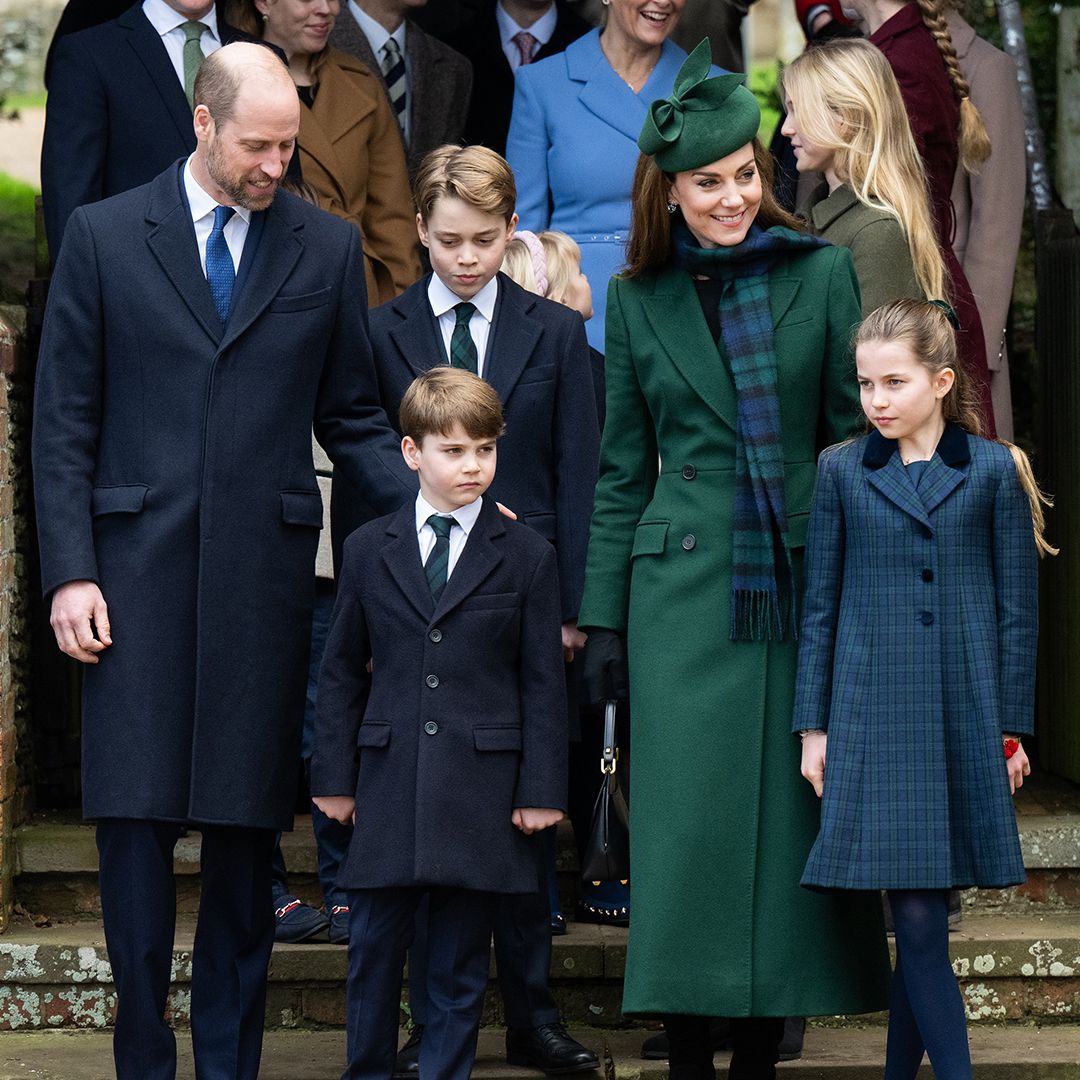 SANDRINGHAM, NORFOLK - DECEMBER 25: Prince William, Prince of Wales, Prince Louis of Wales, Prince George of Wales, Catherine, Princess of Wales and Princess Charlotte of Wales attend the Christmas Morning Service at Sandringham Church on December 25, 2024 in Sandringham, Norfolk. (Photo by Samir Hussein/WireImage)