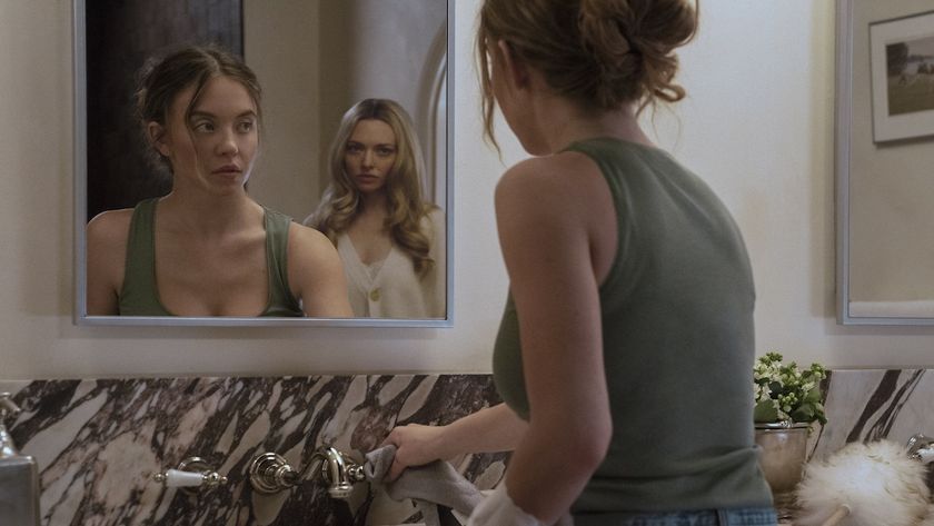 Sydney Sweeney standing at the mirror with Amanda Seyfried behind her in The Housemaid