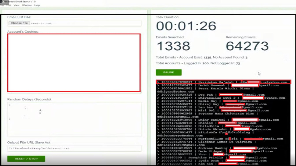 Screengrab of the tool extracting email addresses from Facebook user accounts
