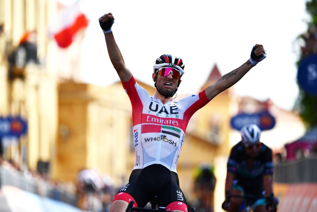 AGRIGENTO ITALY OCTOBER 04 Arrival Diego Ulissi of Italy and UAE Team Emirates Celebration during the 103rd Giro dItalia 2020 Stage 2 a 149km stage from Alcamo to Agrigento 243m girodiitalia Giro on October 04 2020 in Agrigento Italy Photo by Stuart FranklinGetty Images