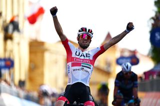 AGRIGENTO ITALY OCTOBER 04 Arrival Diego Ulissi of Italy and UAE Team Emirates Celebration during the 103rd Giro dItalia 2020 Stage 2 a 149km stage from Alcamo to Agrigento 243m girodiitalia Giro on October 04 2020 in Agrigento Italy Photo by Stuart FranklinGetty Images