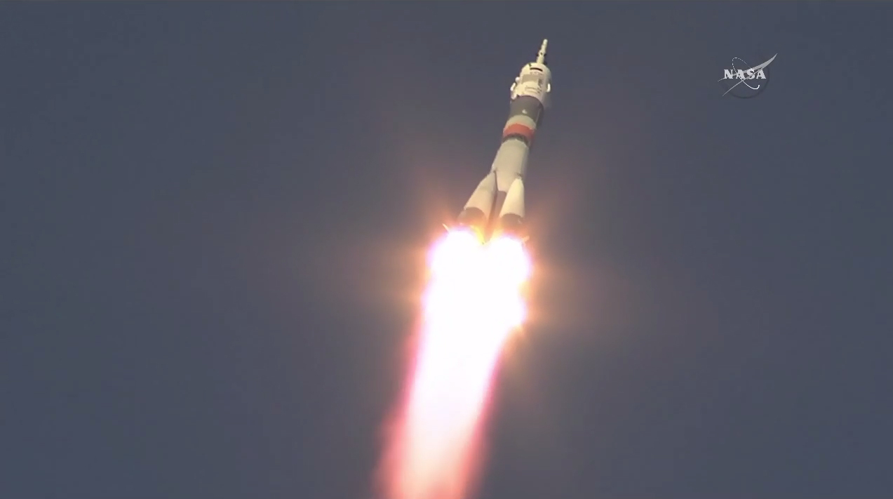 A Russian Soyuz rocket carrying NASA astronaut Tim Kopra, Russian cosmonaut Yuri Malenchenko and British astronaut Tim Peake - the United Kingdom&#039;s first space station astronaut, launches into orbit from Baikonur Cosmodrome, Kazakhstan on Dec. 15, 2015.