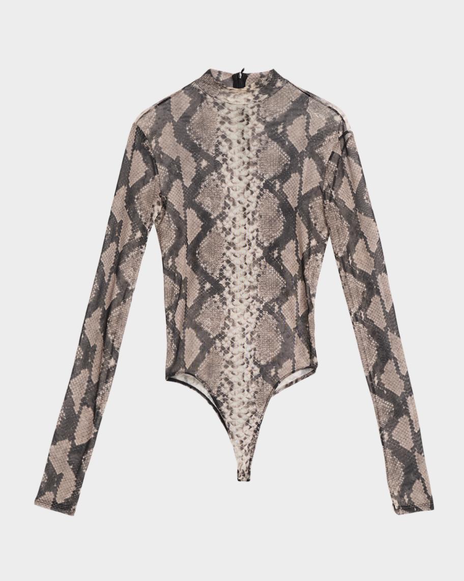 Snakeskin-Print Mesh Mock-Neck Bodysuit