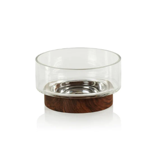 Small glass serving bowl with wood base.