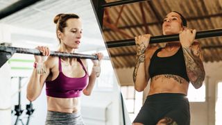 a photo of a woman doing a pull up and a woman doing a chin up