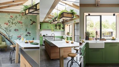 Green kitchen with large white island in foreground