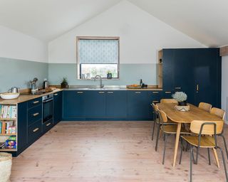 kitchen room with wooden flooring and navy blue cabinets