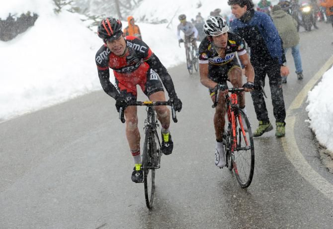 Cadel Evans (BMC) battles the elements and the peloton