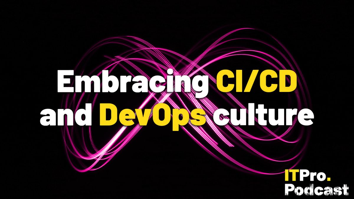 The word ‘Embracing CI/CD and DevOps culture’, with ‘CI/CD’ and ‘DevOps’ in yellow and the other words in white, against a long-exposure shot of pink light being moved against a black background in a figure-eight shape to represent the continuous integration and delivery framework.