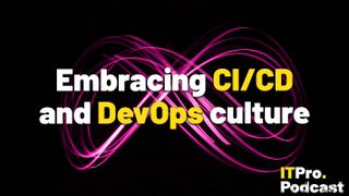 The word ‘Embracing CI/CD and DevOps culture’, with ‘CI/CD’ and ‘DevOps’ in yellow and the other words in white, against a long-exposure shot of pink light being moved against a black background in a figure-eight shape to represent the continuous integration and delivery framework.