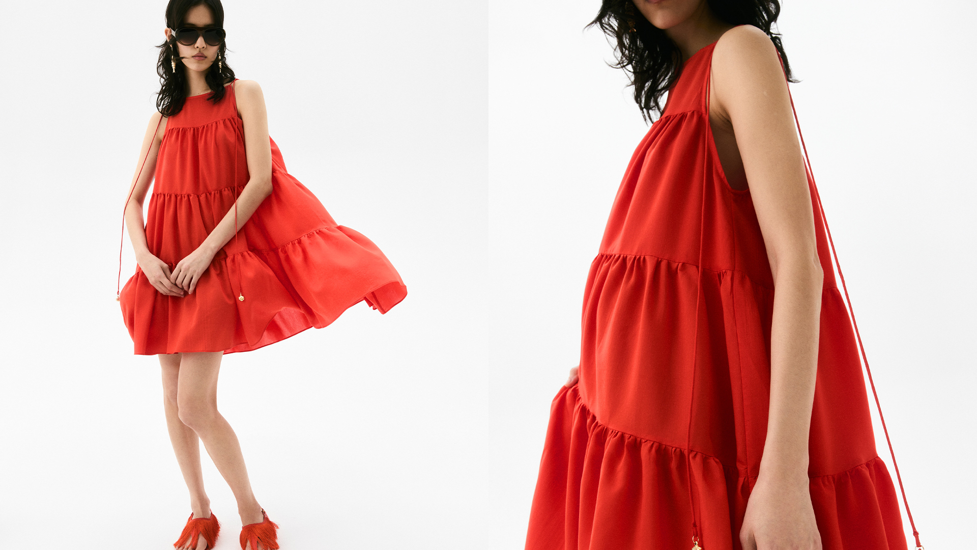 model wears short 4 tiered red dress and red sandals and black sunnies