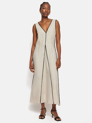 Linen Sleeveless Piping Dress | Cream