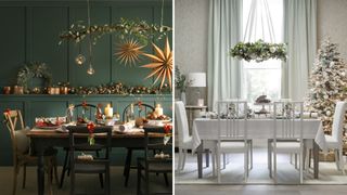 Collage of two Chritsmas dining ones, one in dark green and one in white but bothe with decorations suspended above the table