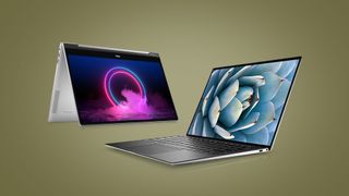 Two Dell laptops side by side on a khaki background