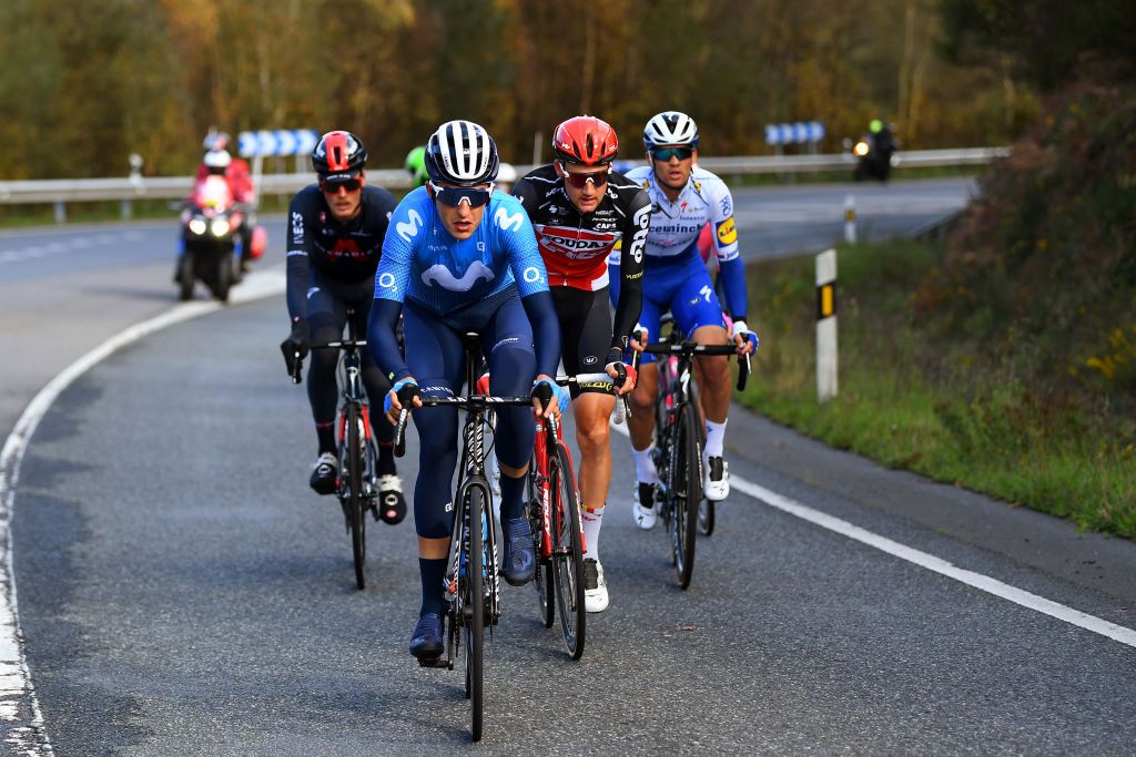 OURENSE SPAIN NOVEMBER 04 Marc Soler Gimenez of Spain and Movistar Team Michael Woods of Canada and Team EF Pro Cycling Dylan Van Baarle of The Netherlands and Team INEOS Grenadiers Tim Wellens of Belgium and Team Lotto Soudal Zdenek Stybar of Czech Republic and Team Deceuninck QuickStep Breakaway during the 75th Tour of Spain 2020 Stage 14 a 2047km stage from Lugo to Ourense lavuelta LaVuelta20 La Vuelta on November 04 2020 in Ourense Spain Photo by David RamosGetty Images