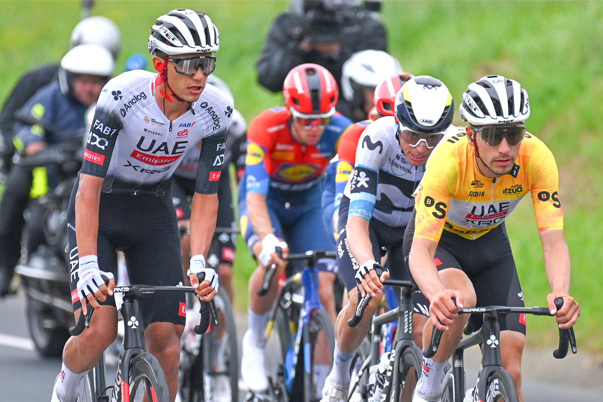 EIBAR, SPAIN - APRIL 12: (L-R) Isaac Del Toro of Mexico and UAE Joao Almeida of Portugal and UAE Team Emirates - XRG - Yellow Leader Jersey compete in the breakaway during the 64th Itzulia Basque Country 2025, Stage 6 a 153.4km stage from Eibar to Eibar / #UCIWT / on April 12, 2025 in Eibar, Spain. (Photo by Tim de Waele/Getty Images)