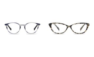Two pairs of glasses, one with tortoise shell cat-eye frame, One with a round-framed style in coastal hues