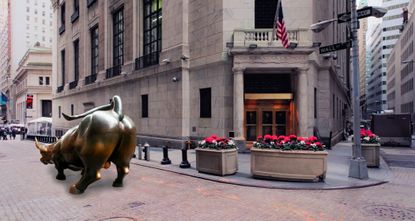 Wall Street bull behind.