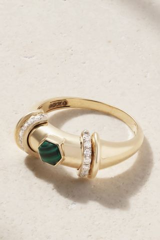 Warrior Hex 18-Karat Gold, Rhodium-Plated, Malachite and Diamond Ring