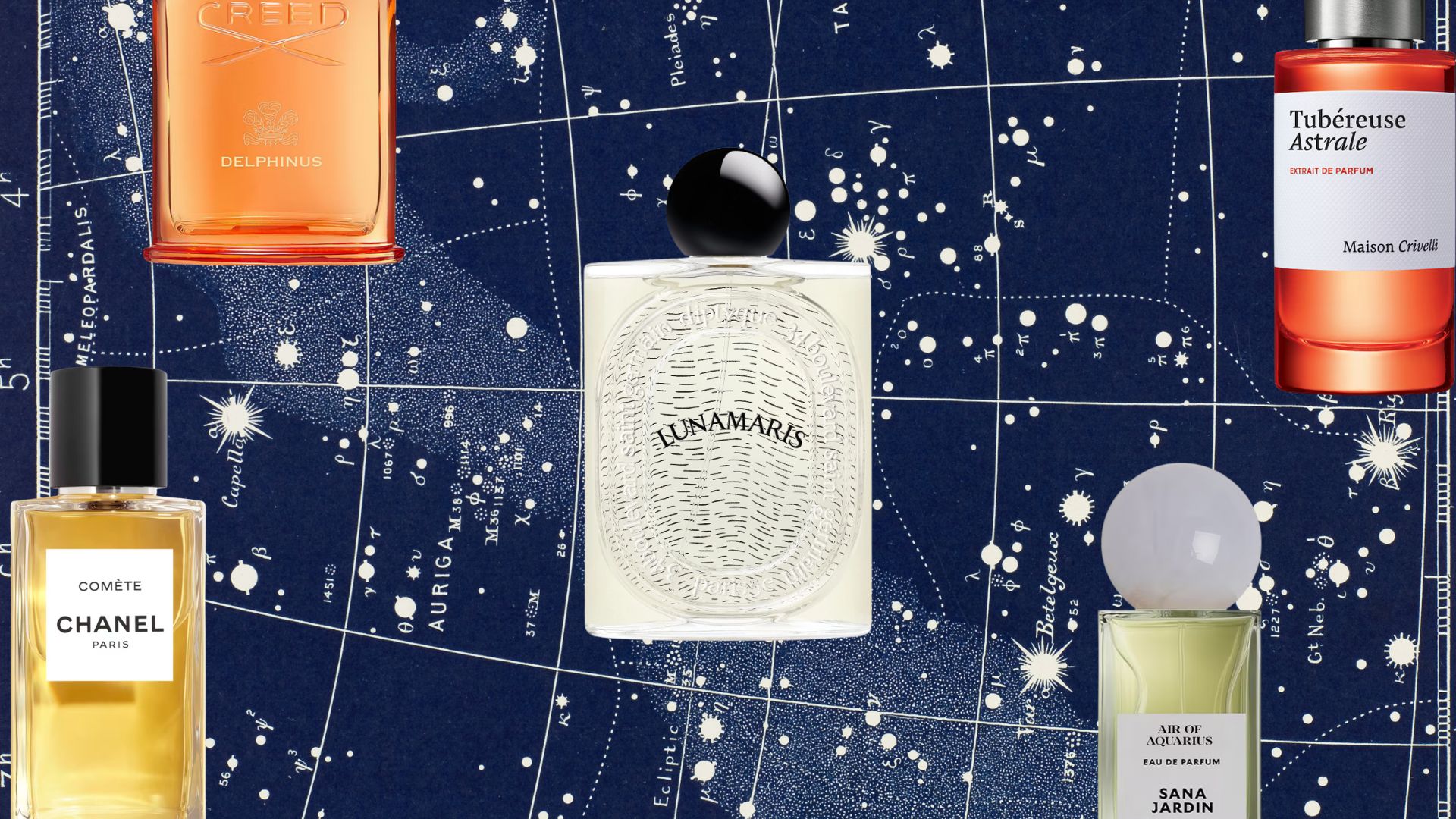 A collage of celestial map imagery and star-inspired perfume bottles