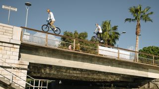 Fabio Wibmer riding over a bridge in Nice, France