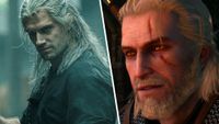 A split image showing Henry Cavill from Netflix's The Witcher series, juxtaposed with Geralt from The Witcher 3 Remastered.