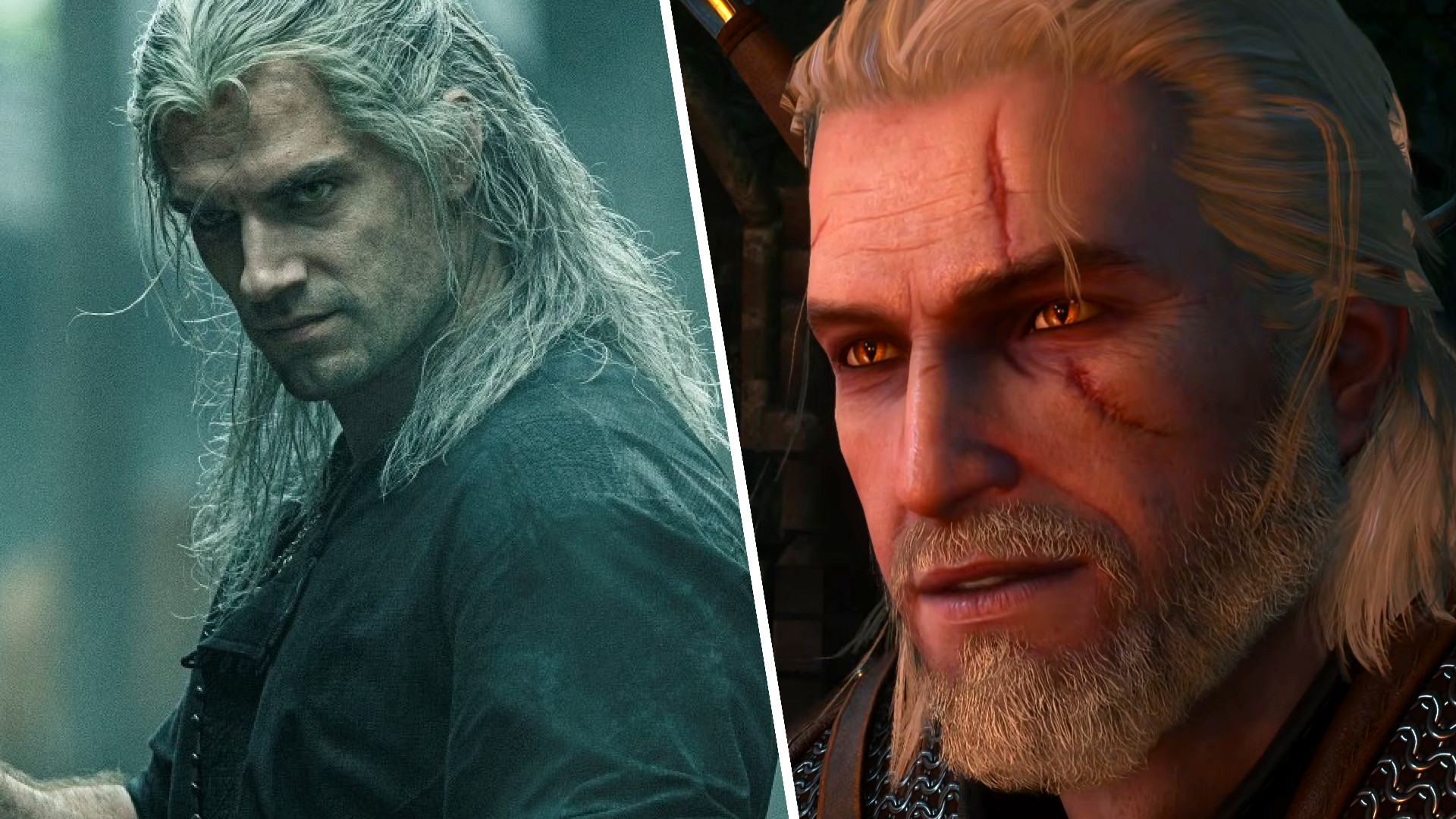 A split image showing Henry Cavill from Netflix's The Witcher series, juxtaposed with Geralt from The Witcher 3 Remastered.