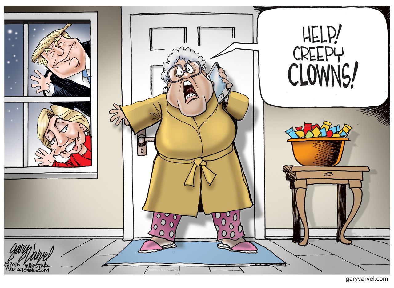 Political cartoon U.S. 2016 election candidates creepy clown sightings