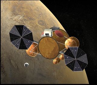 This artist's concept shows a rendezvous in Mars orbit between a small container holding Red Planet samples and a vehicle that will fly them back to Earth.