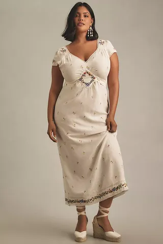 Rixo Carey Short-Sleeve V-Neck Embroidered Linen Midi Dress