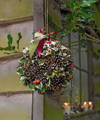 Kissing ball made from pinecones