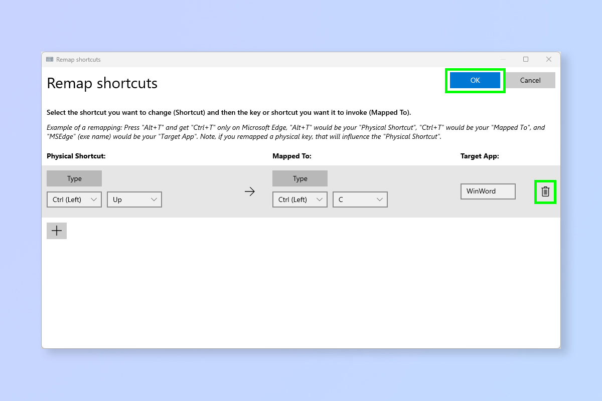 Снимок экрана, показывающий, как переназначить ярлыки в Windows 11 с помощью PowerToys.
