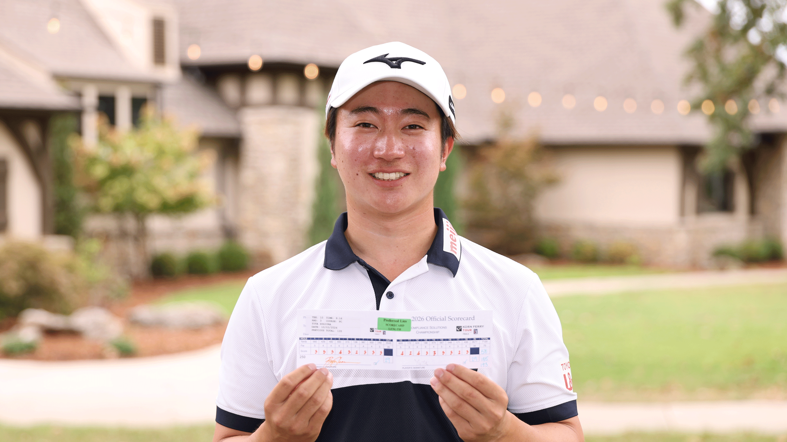 Yuta Sugiura poses with his card after shooting a 12-under 58 in the third round of the Korn Ferry Tour's Compliance Solutions Championship in 2026