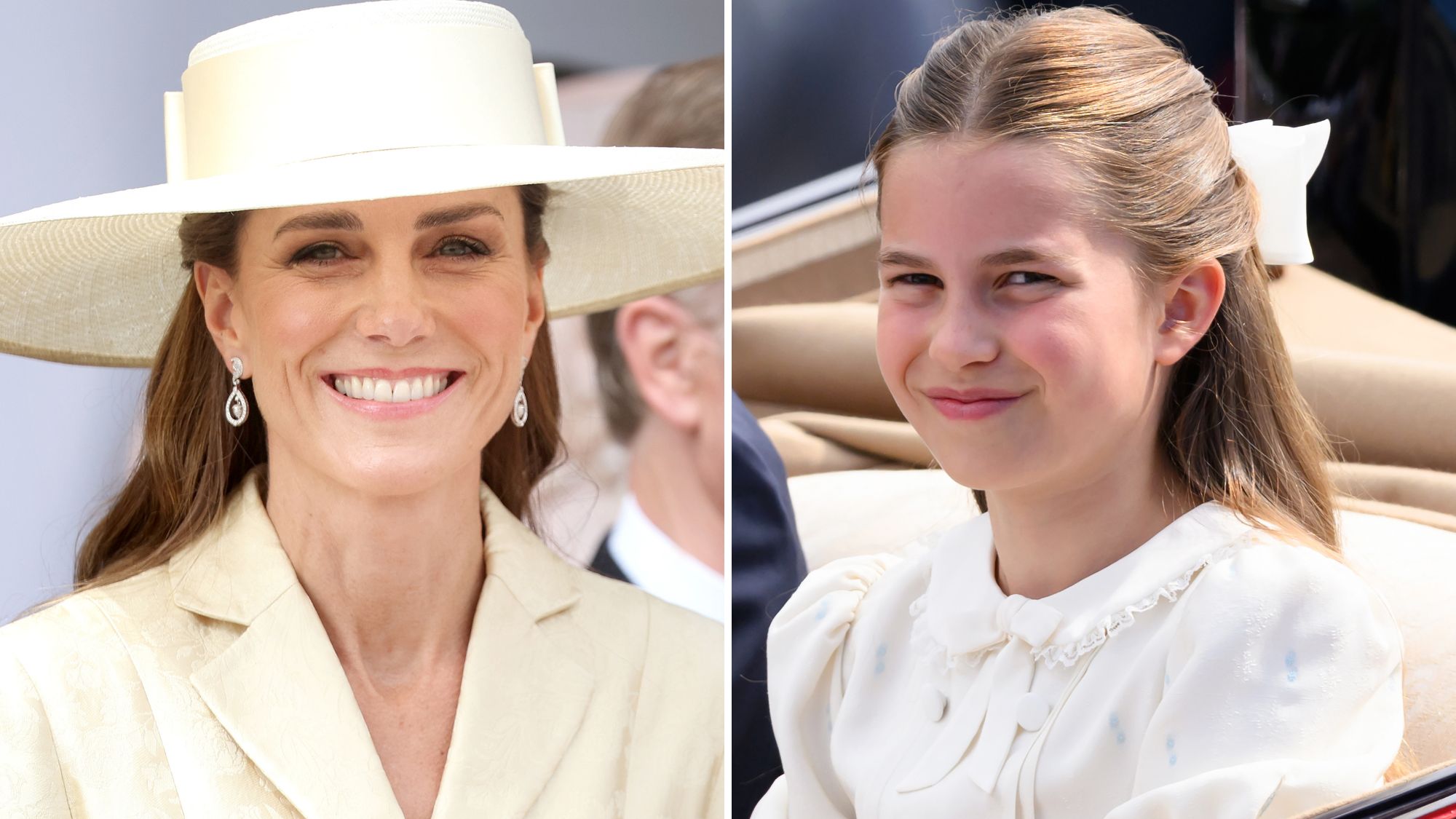 A composite of a picture of Kate Middleton on Garter Day and a picture of Princess Charlotte at Trooping the Colour