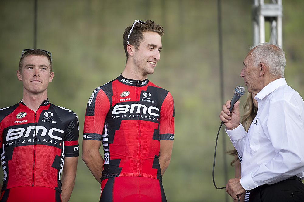Taylor Phinney (BMC) smiles while being interviewed on stage
