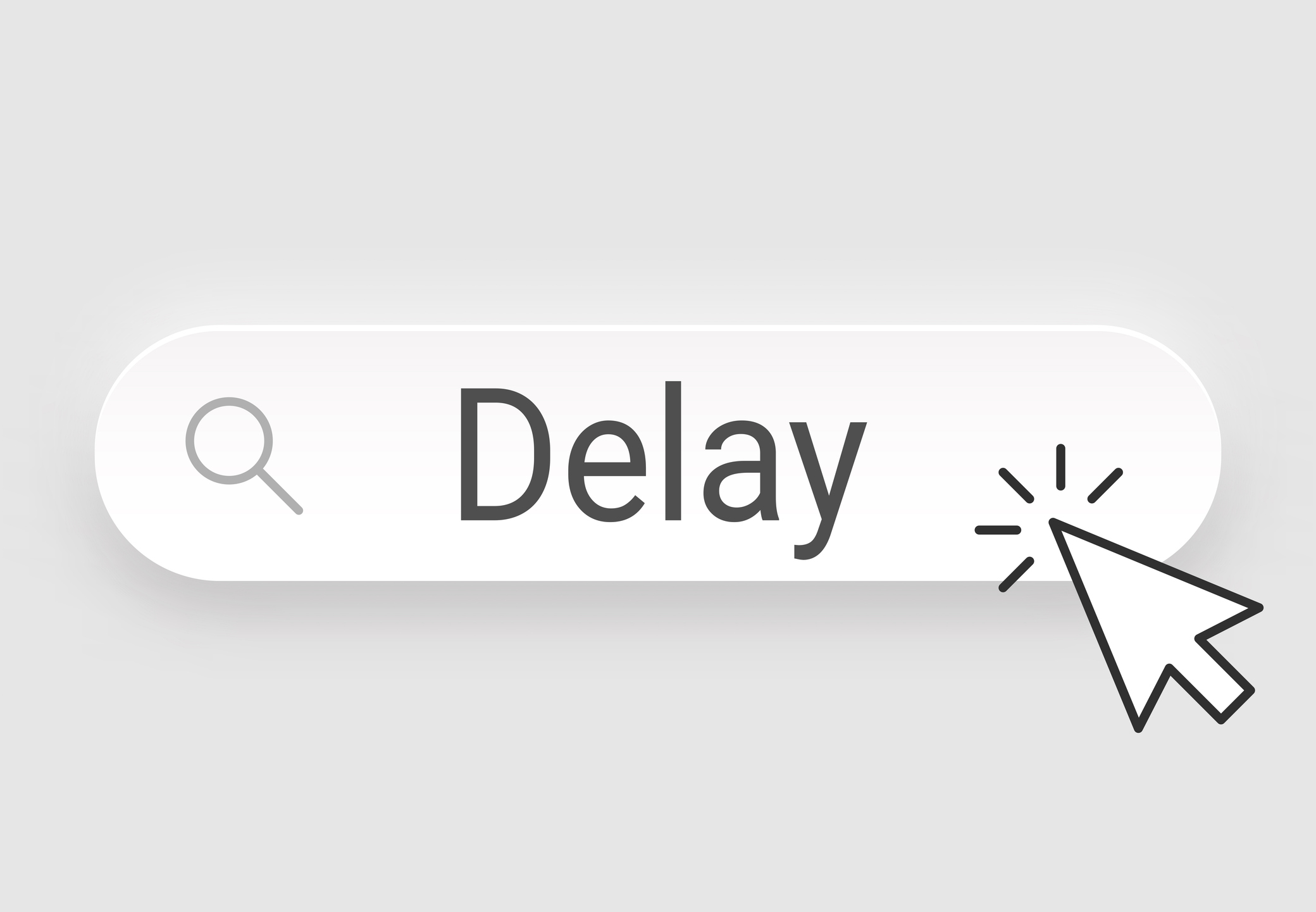 Delay. Trendy search bar with mouse pointer for your own design, isolated on a gray background. The search bar is white with black text, there is a magnifying glass icon on the left side. The drop shadow used creates a realistic 3D effect. Vector Illustration (EPS file, well layered and grouped). Easy to edit, manipulate, resize or colorize. Vector and Jpeg file of different sizes.