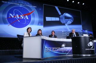 A panel at the 33rd annual Space Symposium featured six leaders from six different NASA centers. Shown here (l to r), Ellen Ochoa, director of Johnson Space Center in Houston; Janet Kavandi director of Glenn Research Center in Cleveland; Michael Watkins, director of NASA's Jet Propulsion Laboratory in Pasadena, California; and panel moderator David Livingston, founder and host of The Space Show.