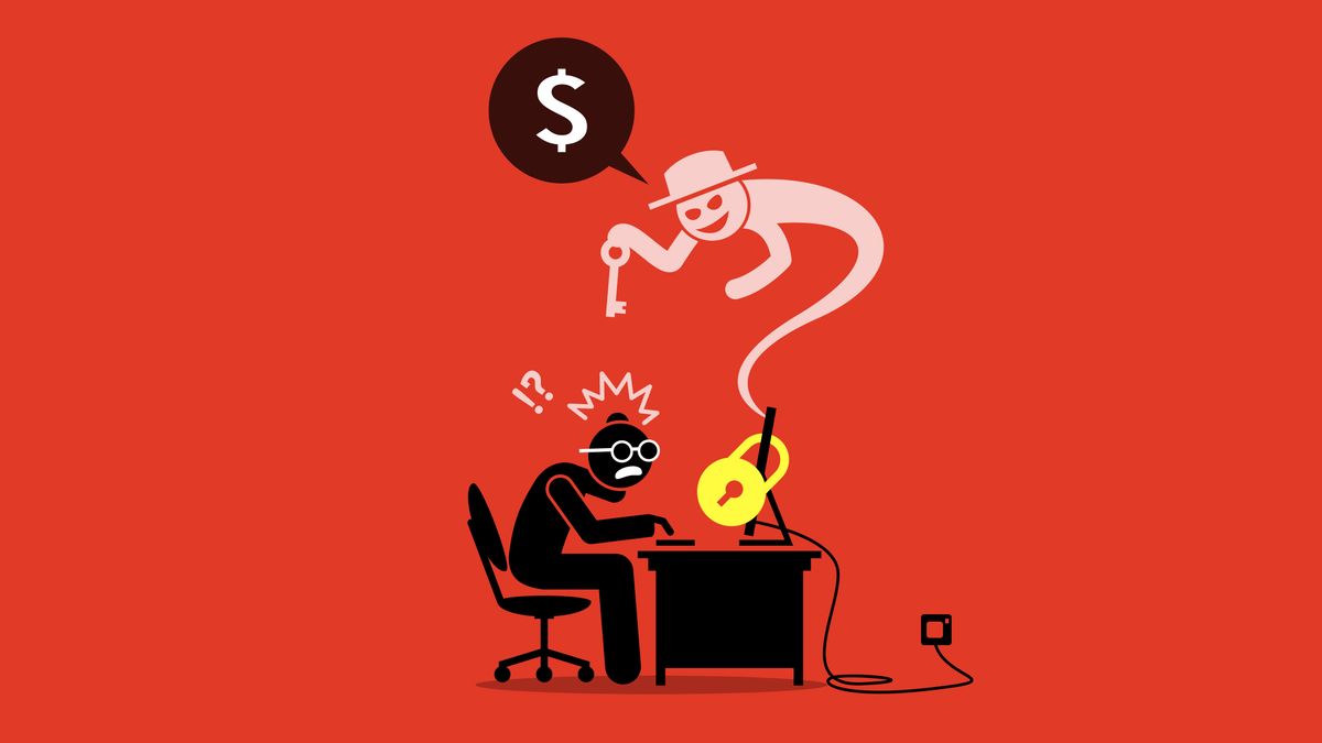 An abstract image showing a person trying to connect to a computer which has a large padlock attached to it, as a ghost wearing a fedora floats menacingly out of it and demands money